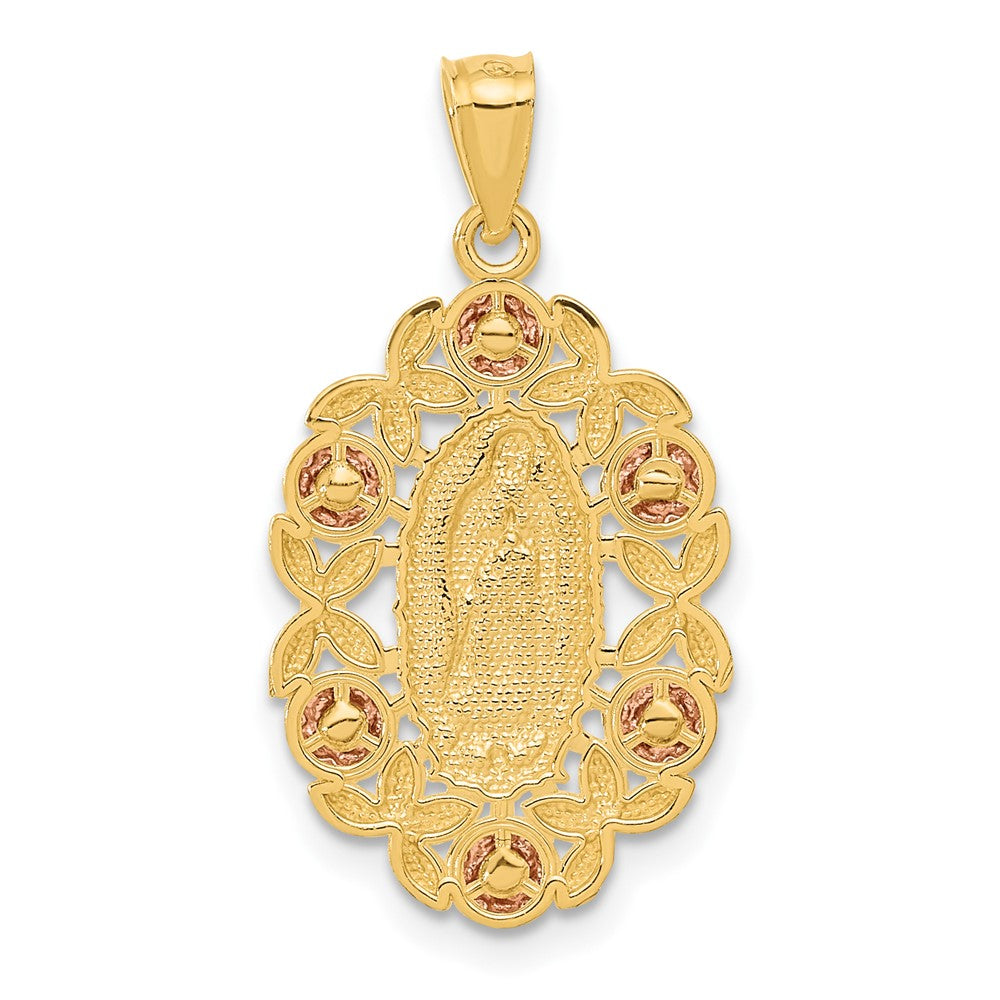 14K Two-Tone with White Rhodium Our Lady of Guadalupe with Flowers Oval Pendant