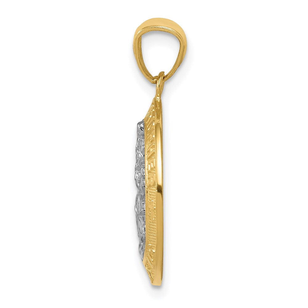 14K and White Rhodium Solid Cut-out St Christopher Medal Round Pendant