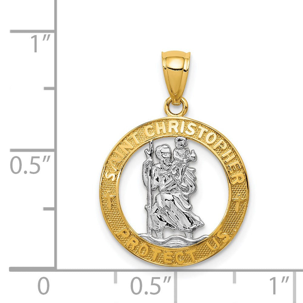14K and White Rhodium Solid Cut-out St Christopher Medal Round Pendant