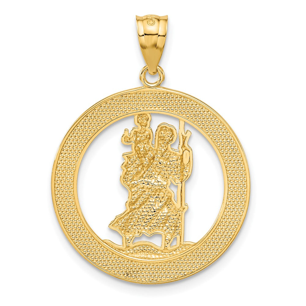 14K and White Rhodium Solid Cut-out St Christopher Medal Round Pendant