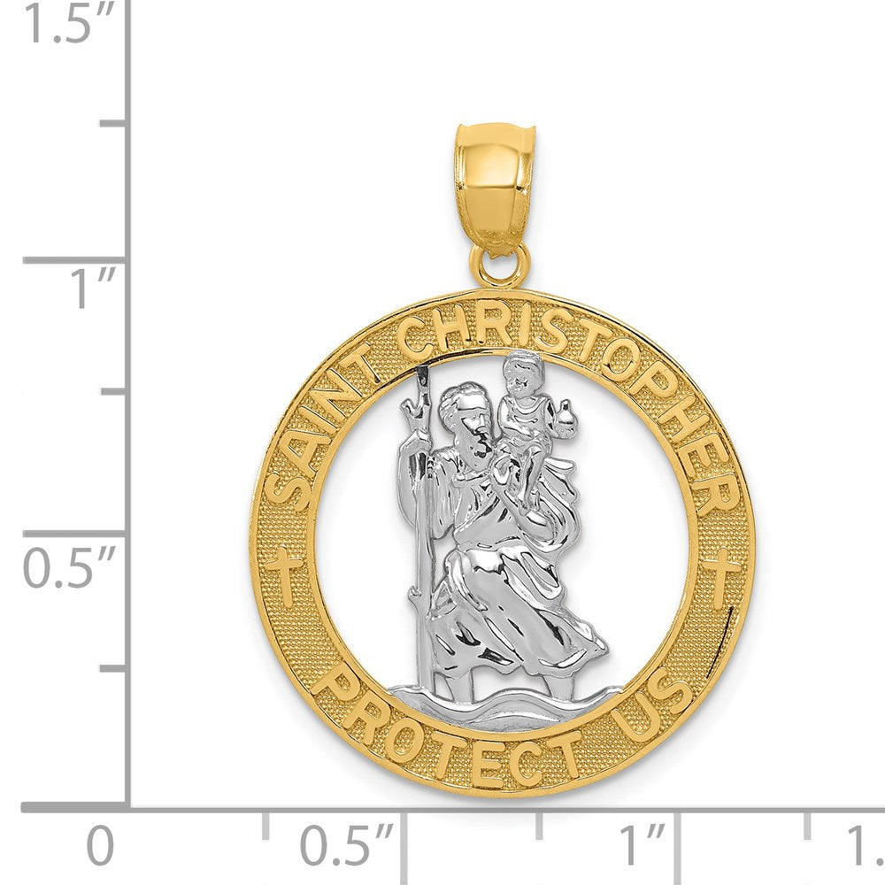 14K and White Rhodium Solid Cut-out St Christopher Medal Round Pendant