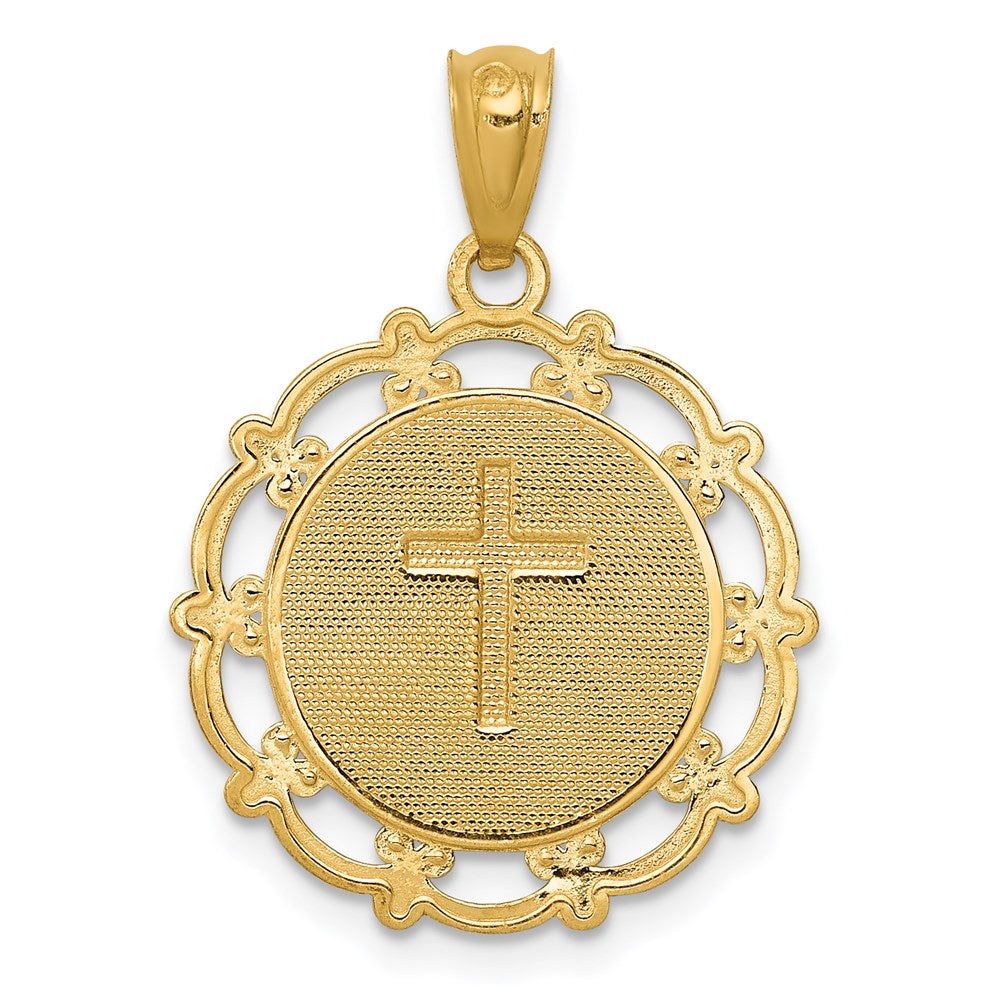 14K and White Rhodium BAPTISM with Cross Scalloped Edge Round Pendant