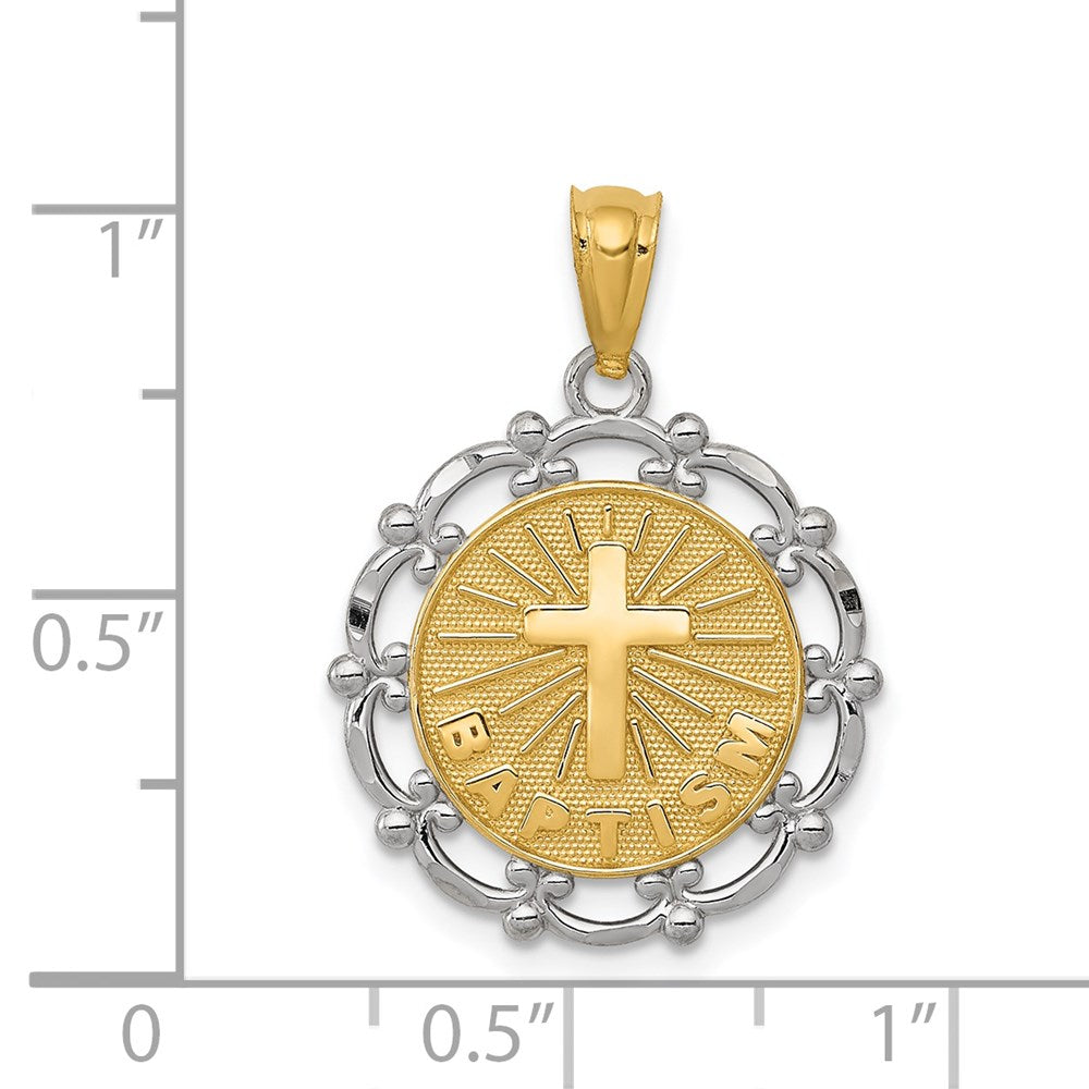 14K and White Rhodium BAPTISM with Cross Scalloped Edge Round Pendant