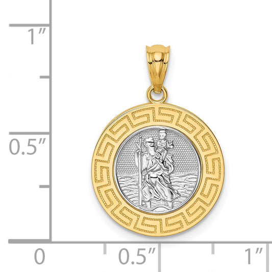 14K and White Rhodium Solid St. Christopher Medal Greek Key Edge Round Pendant