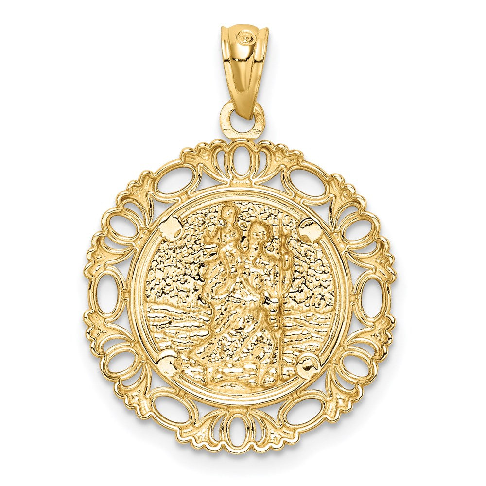 14K and White Rhodium Solid St. Christopher Medal Fancy Edge Round Pendant