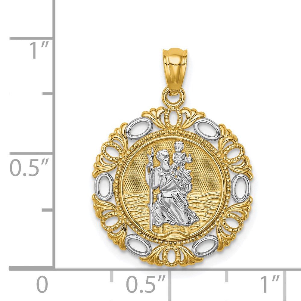 14K and White Rhodium Solid St. Christopher Medal Fancy Edge Round Pendant