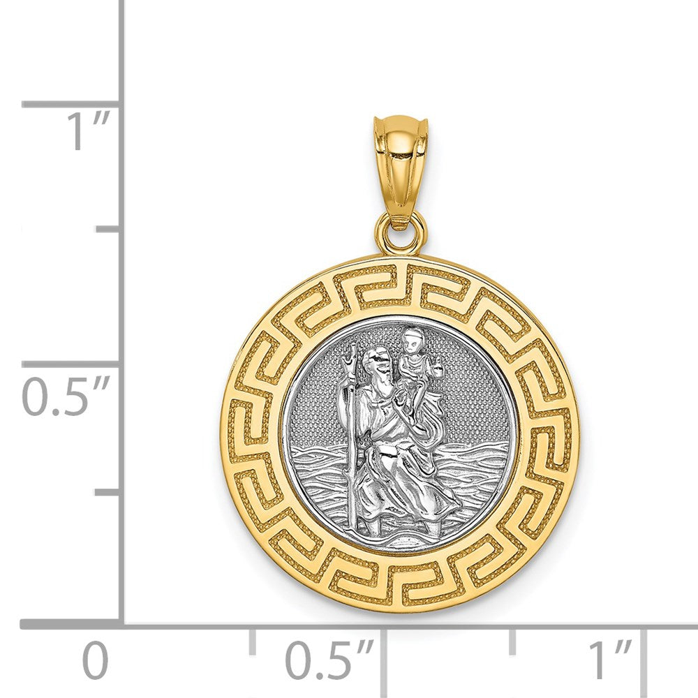 14K and White Rhodium Solid St. Christopher Medal Greek Key Edge Round Pendant