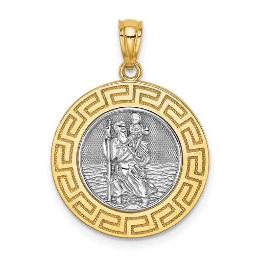 14K and White Rhodium Solid St. Christopher Medal Greek Key Edge Round Pendant