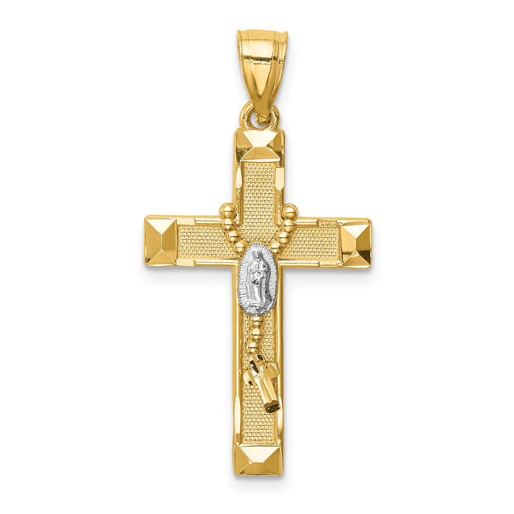 14K and White Rhodium Solid Cross with Rosary Pendant