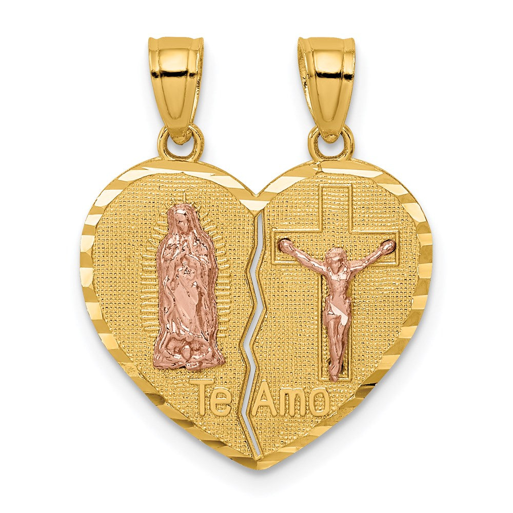 14K Two-tone Reversible Spanish Solid Our Lady of Guadalupe and Crucifix TE AMO Break-apart Heart Pendant