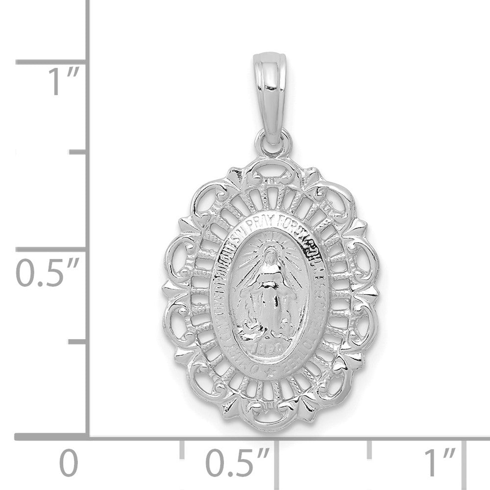 14k White Gold Polished and Satin Solid Miraculous Medal Scalloped Edge Oval Pendant