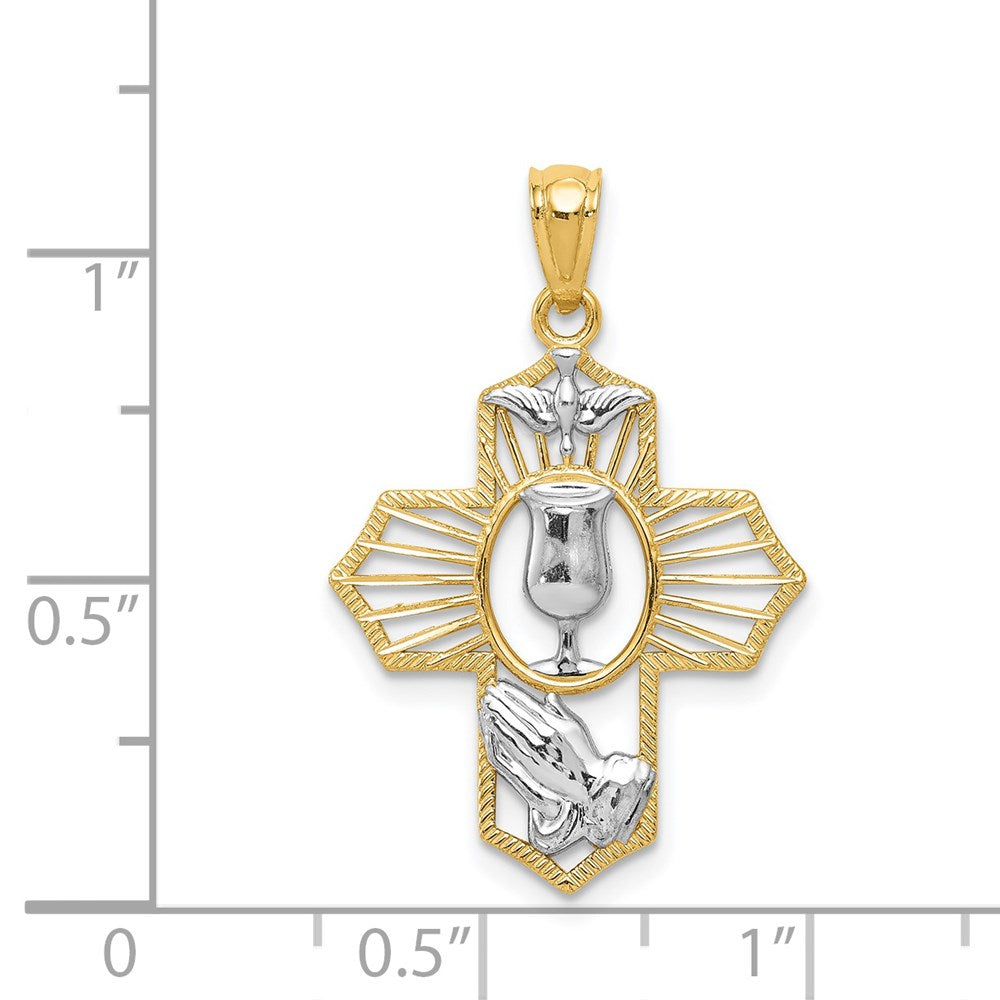 14k and White Rhodium Communion Cross with Dove and Praying Hands Pendant