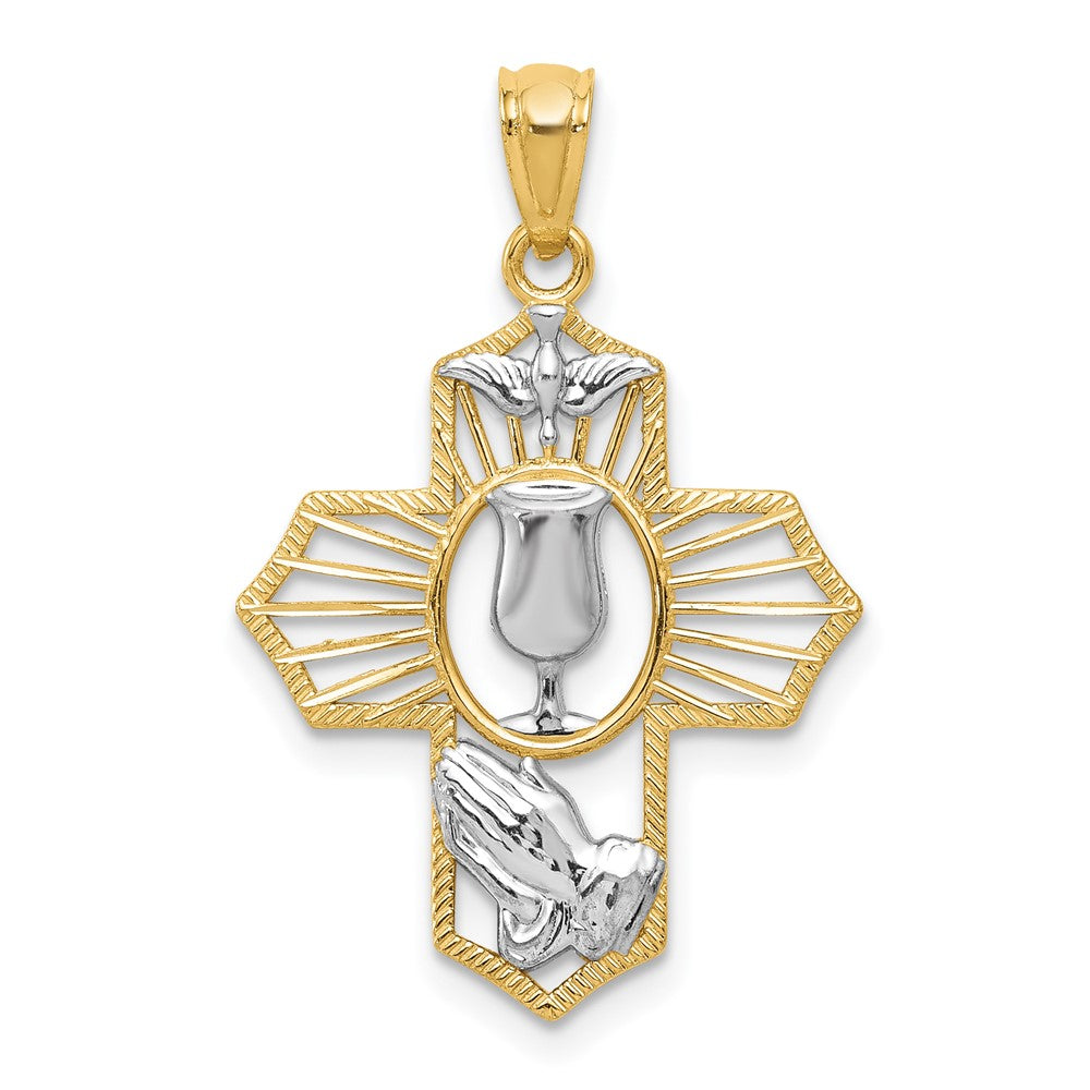 14k and White Rhodium Communion Cross with Dove and Praying Hands Pendant