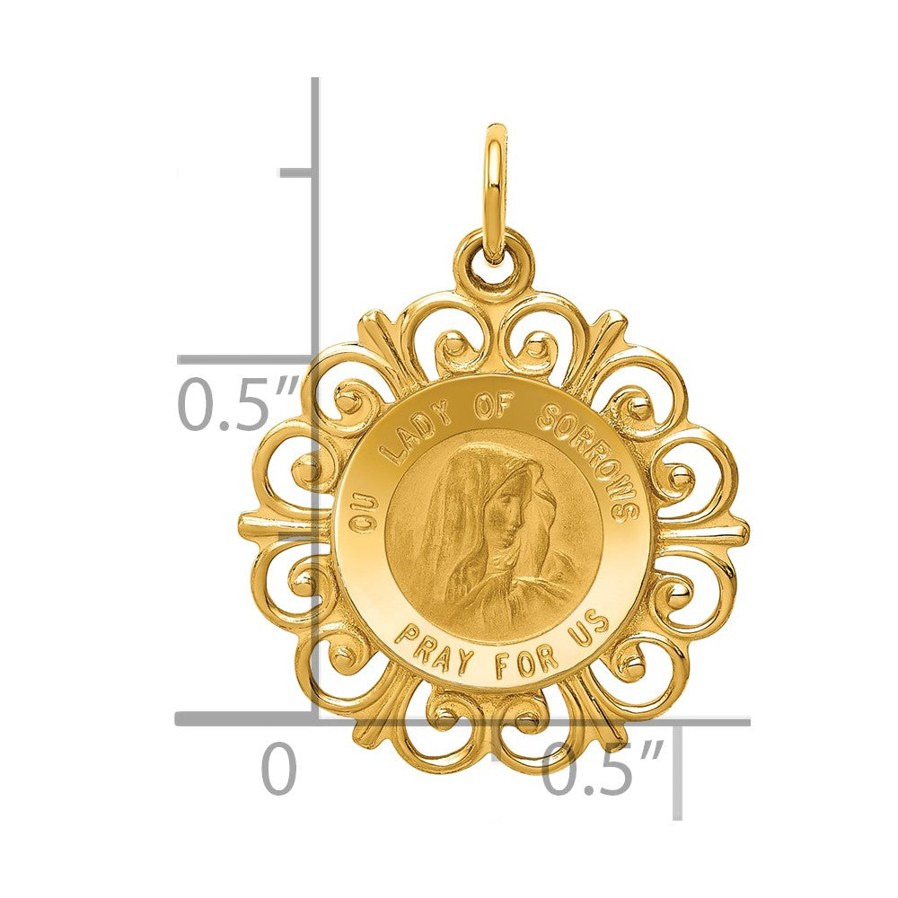 14k Polished and Satin Solid Our Lady of Sorrows Medal Scalloped Edge Round Pendant