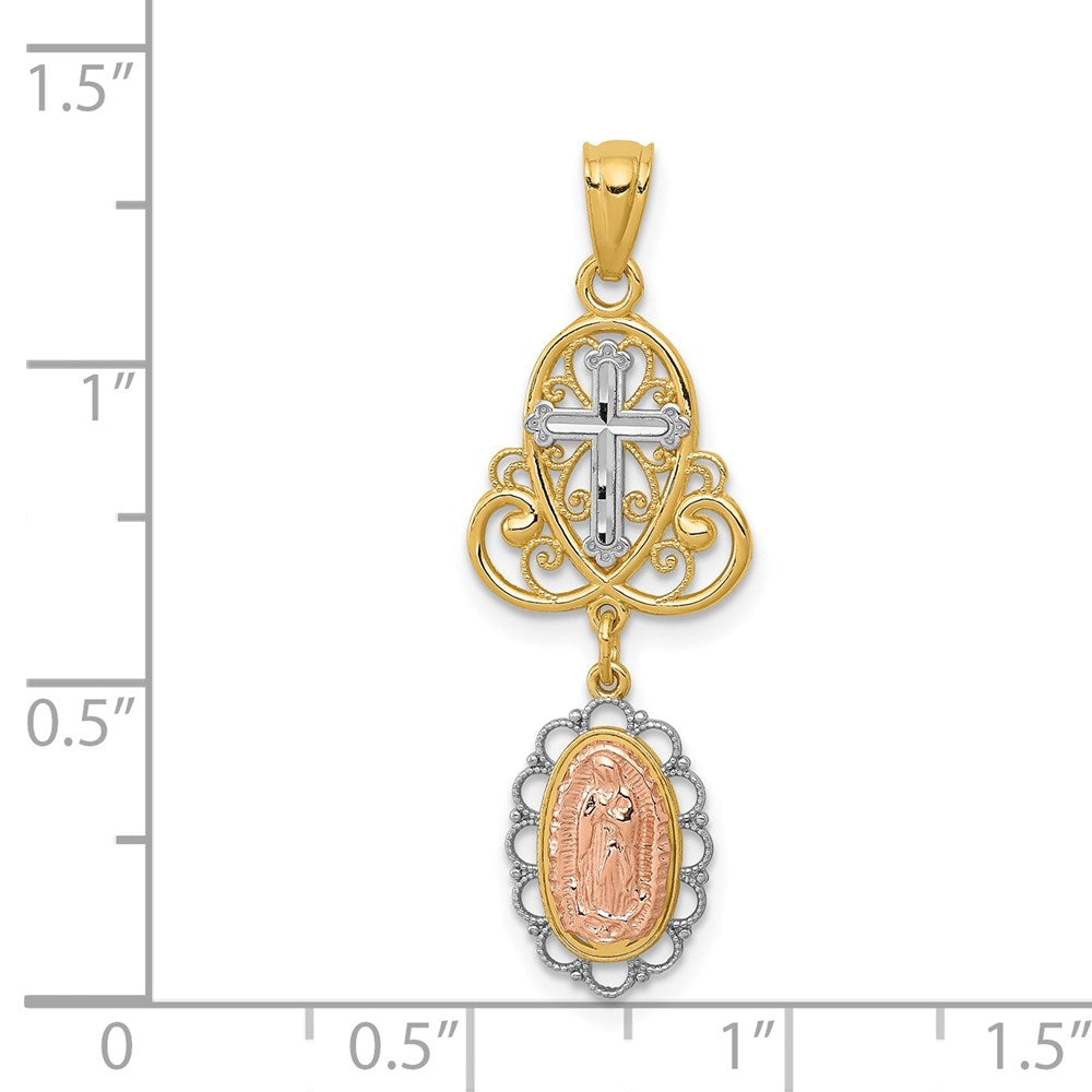 14K Two-Tone with White Rhodium Our Lady of Guadalupe and Cross Pendant