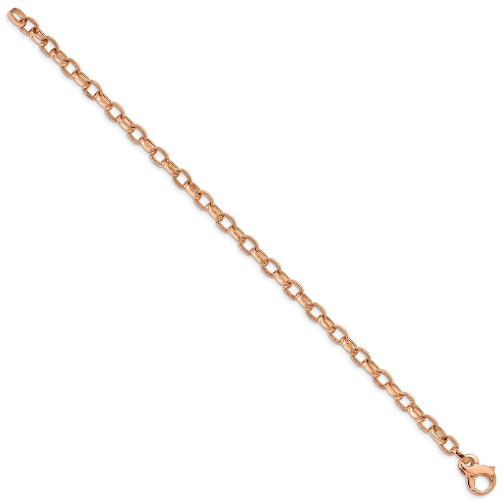14K Rose Gold 5mm Hand Polished with Ridged Edge Fancy Link Fancy Lobster Clasp Bracelet