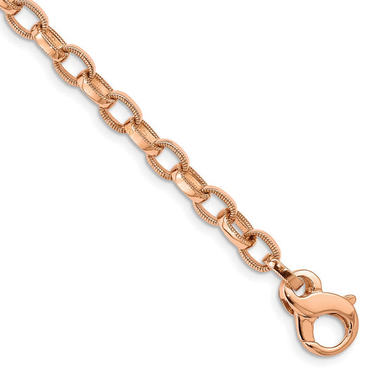 14K Rose Gold 5mm Hand Polished with Ridged Edge Fancy Link Fancy Lobster Clasp Bracelet
