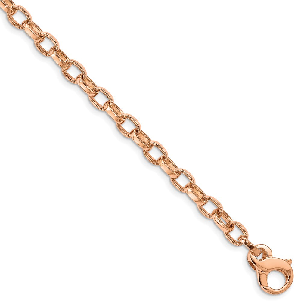 14K Rose Gold 5mm Hand Polished with Ridged Edge Fancy Link Fancy Lobster Clasp Chain