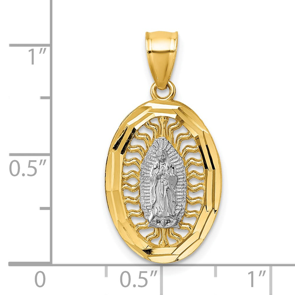 14k with White Rhodium Polished Diamond-cut Pierced Design Our Lady of Guadalupe Pendant