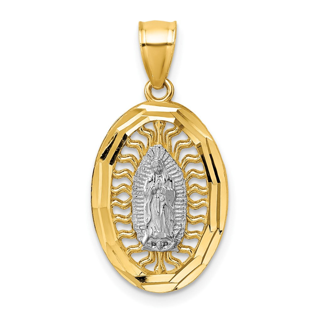 14k with White Rhodium Polished Diamond-cut Pierced Design Our Lady of Guadalupe Pendant