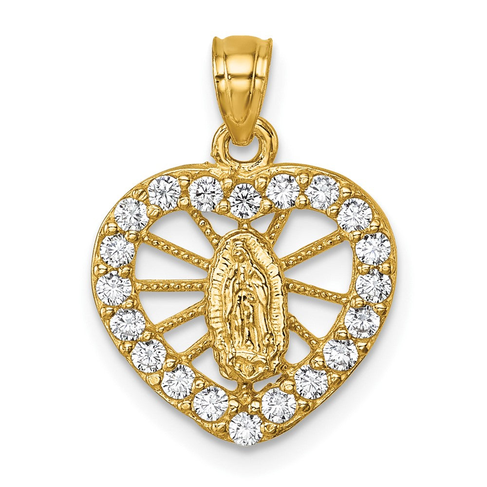 14k Polished CZ Heart Pierced Design Our Lady of Guadalupe Pendant