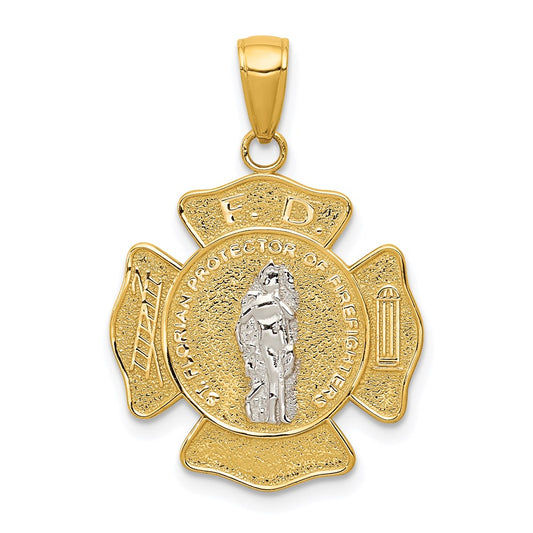 14k Two-tone Polished and Satin Solid Saint Florian Medal Pendant