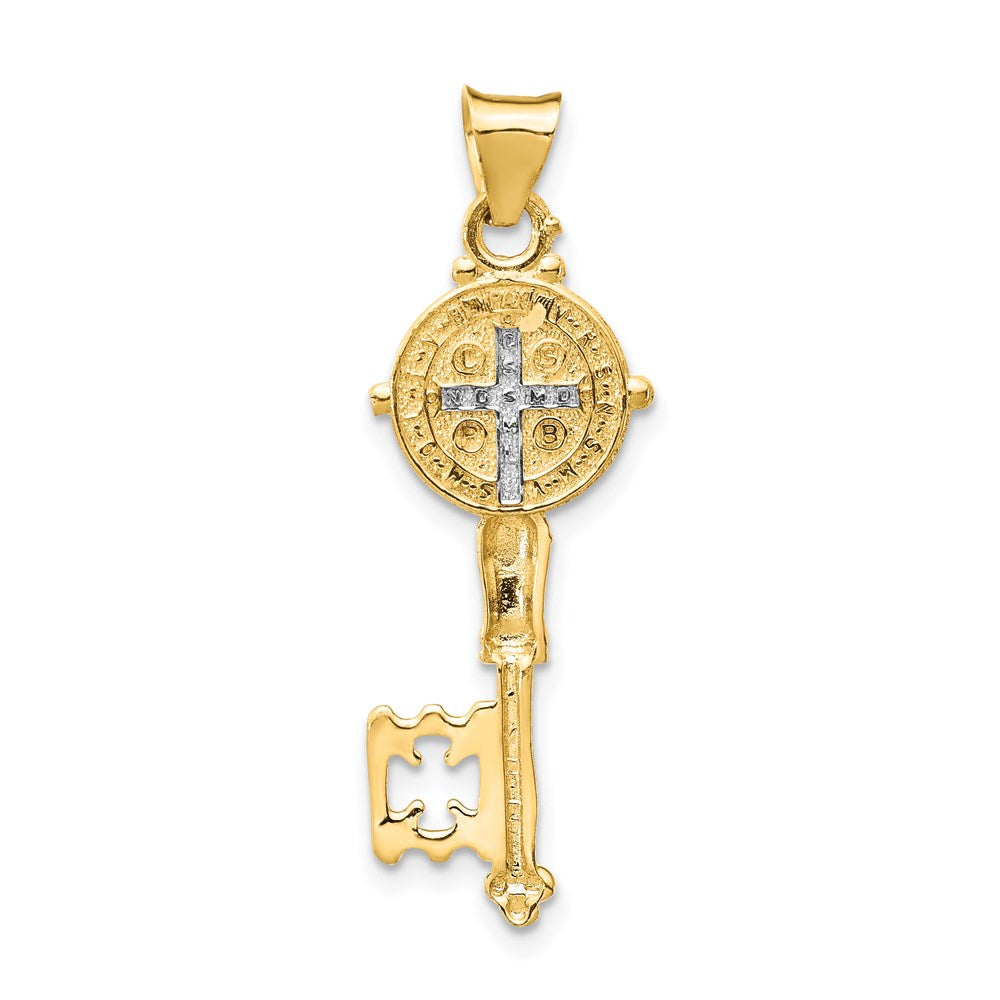 14k with White Rhodium Solid St. Benedict 2-Sided Cross Key Pendant