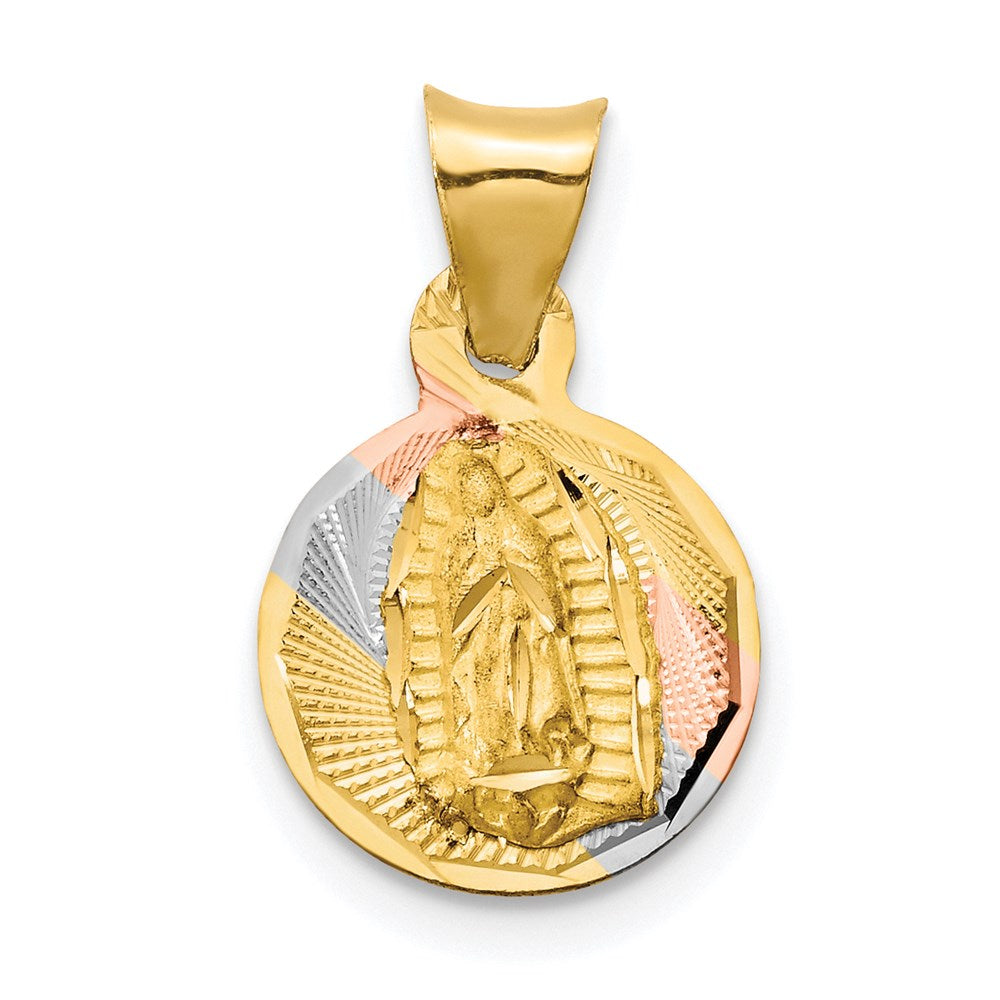 14K with Rose and White Rhodium Polished Diamond-cut Solid Our Lady Of Guadalupe Round Pendant