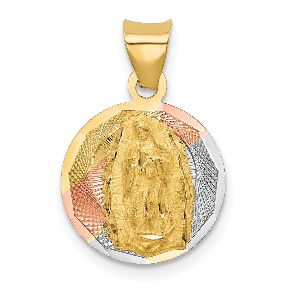14K with Rose and White Rhodium Polished Diamond-cut Solid Our Lady Of Guadalupe Round Pendant