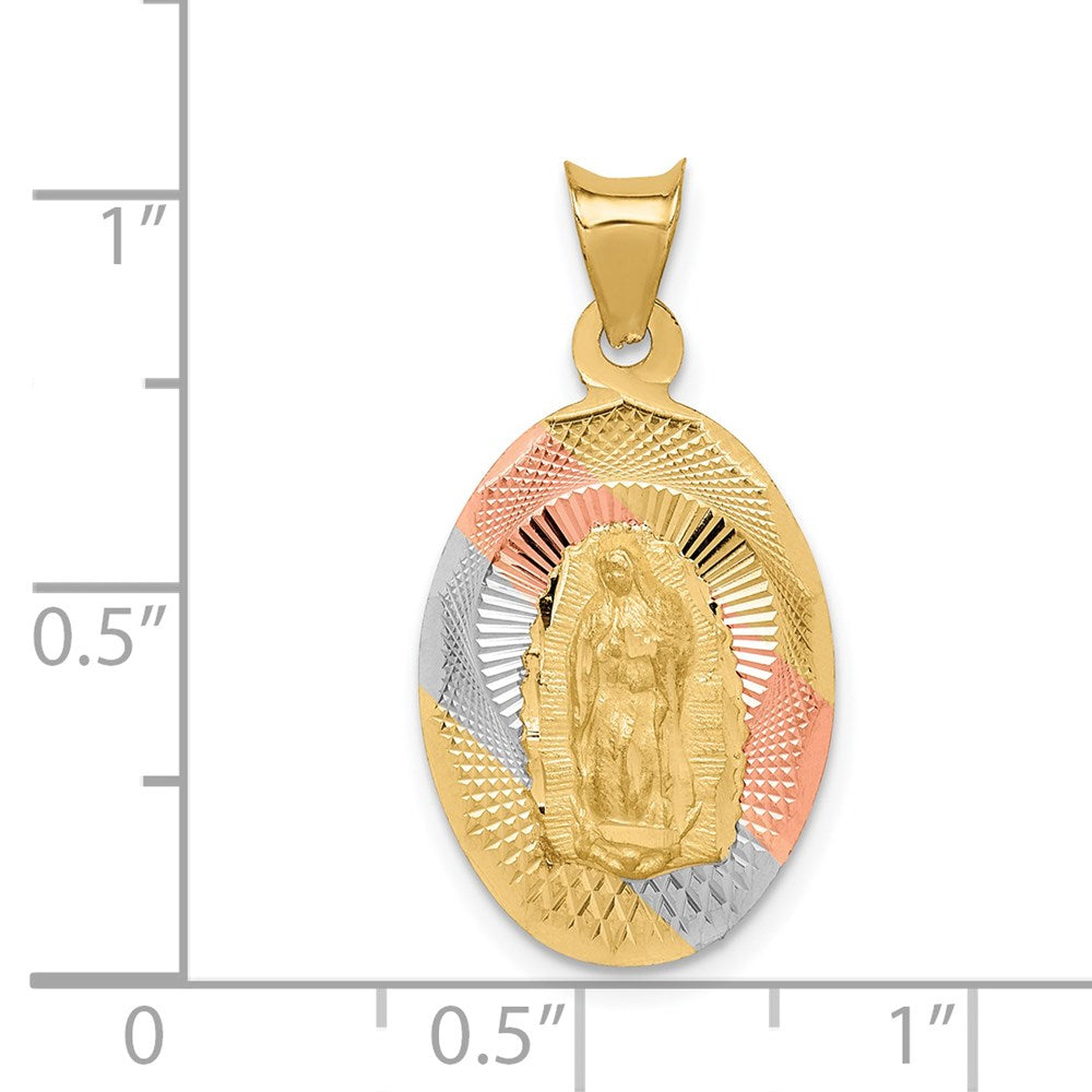14K with Rose and White Rhodium Diamond-cut Solid Our Lady Of Guadalupe Oval Pendant