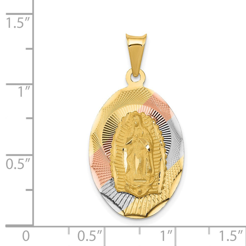 14K with Rose and White Rhodium Diamond-cut Solid Our Lady Of Guadalupe Oval Pendant