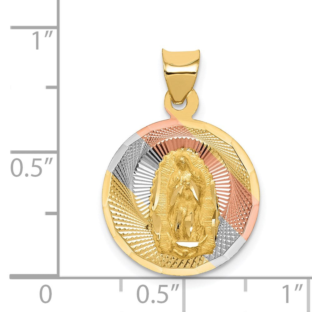 14K with Rose and White Rhodium Polished Diamond-cut Solid Our Lady Of Guadalupe Round Pendant