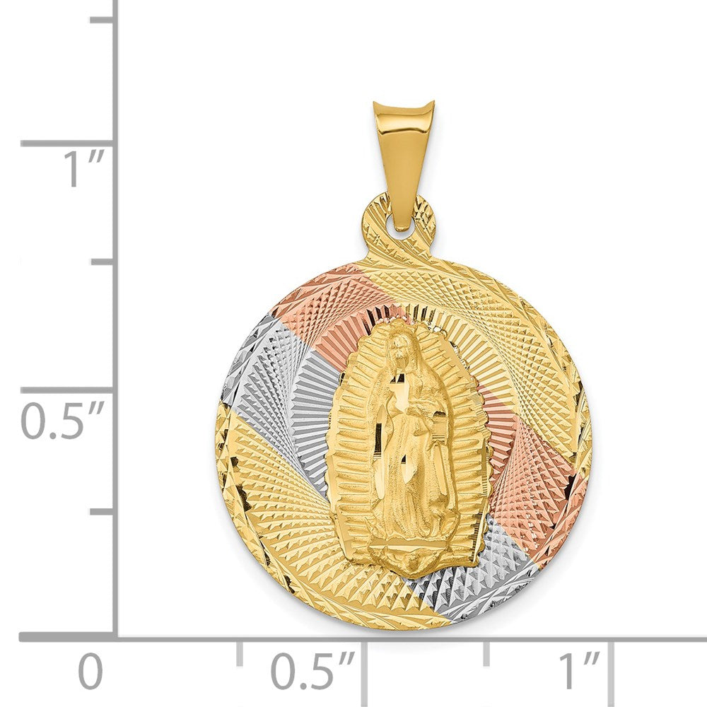 14K with Rose and White Rhodium Polished Diamond-cut Solid Our Lady Of Guadalupe Round Pendant