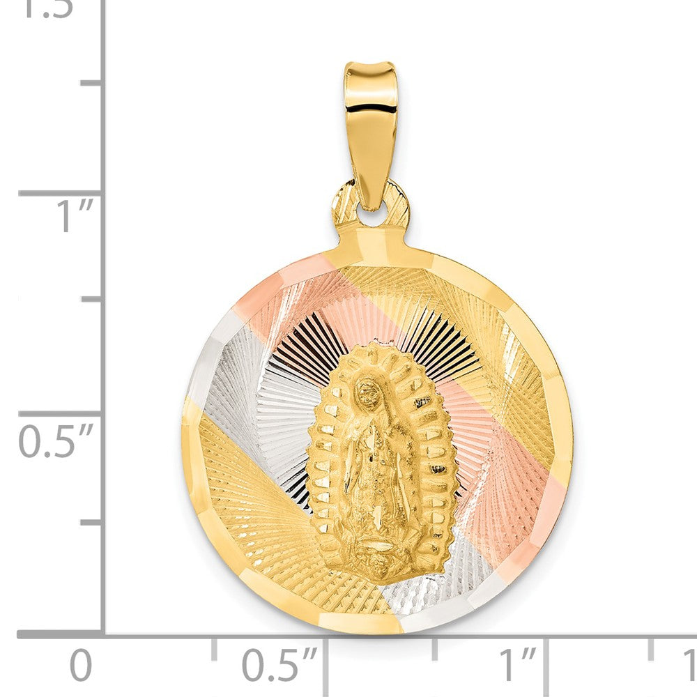 14K with Rose and White Rhodium Polished Diamond-cut Solid Large Our Lady Of Guadalupe Round Pendant