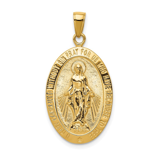 14k Polished and Satin Solid Miraculous Medal Oval Pendant