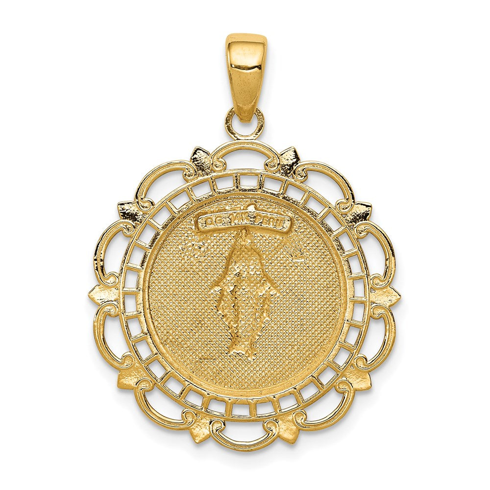 14K Polished Solid Large Miraculous Medal With Scallop Frame Round Pendant