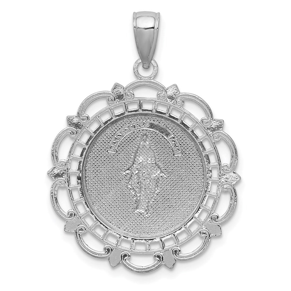 14K White Gold Polished Solid Large Miraculous Medal With Scallop Frame Round Pendant