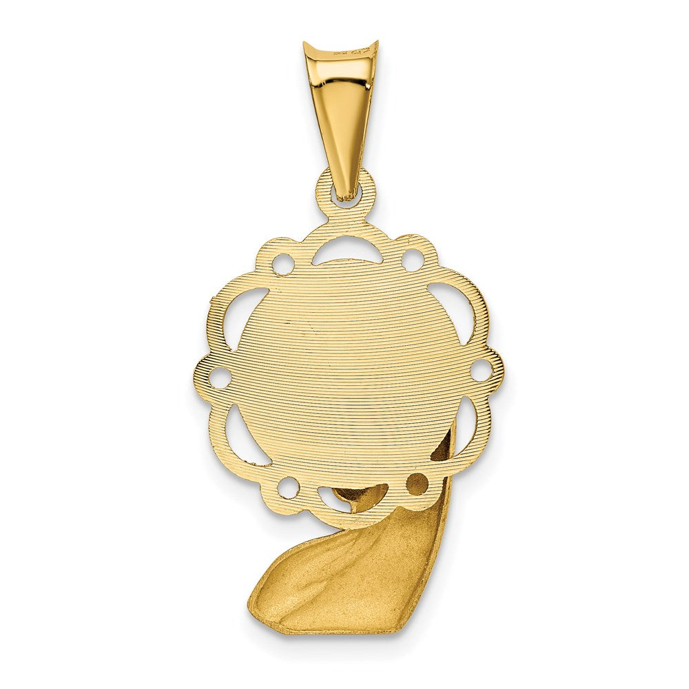 14k Satin and Polished Diamond-cut Virgin Mary Scalloped Edge Pendant