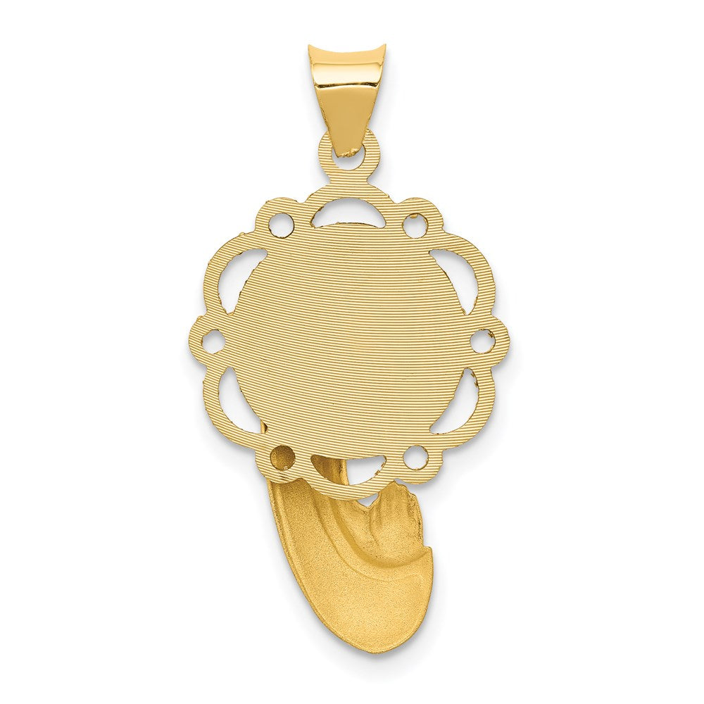 14k Satin and Polished Diamond-cut Virgin Mary Scalloped Edge Pendant