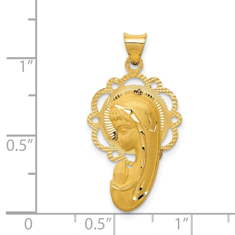 14k Satin and Polished Diamond-cut Virgin Mary Scalloped Edge Pendant