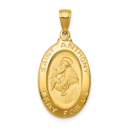 14k Polished and Satin Hollow Saint Anthony Oval Medal Pendant