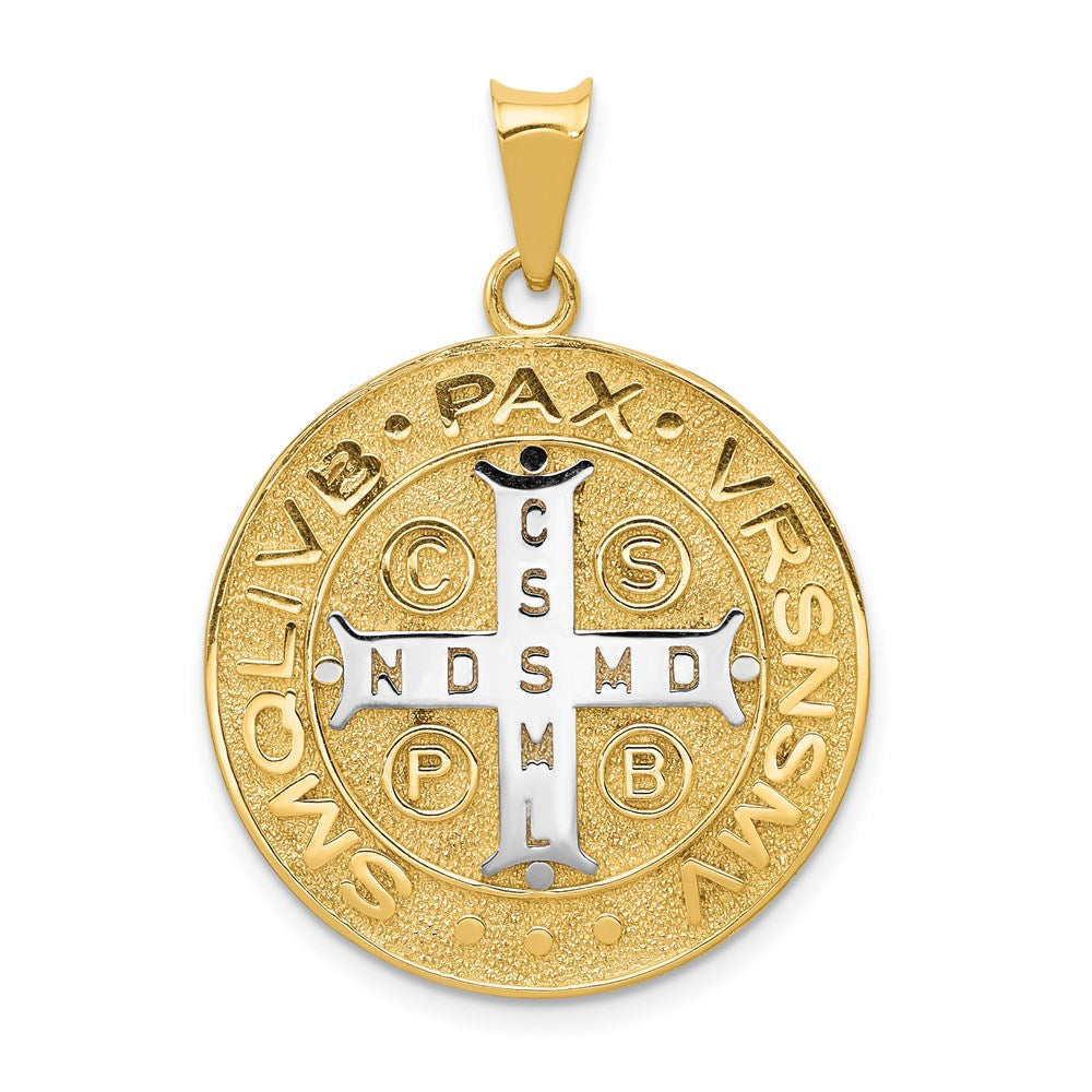 14k and White Rhodium Solid Large St. Benedict Medal Pendant