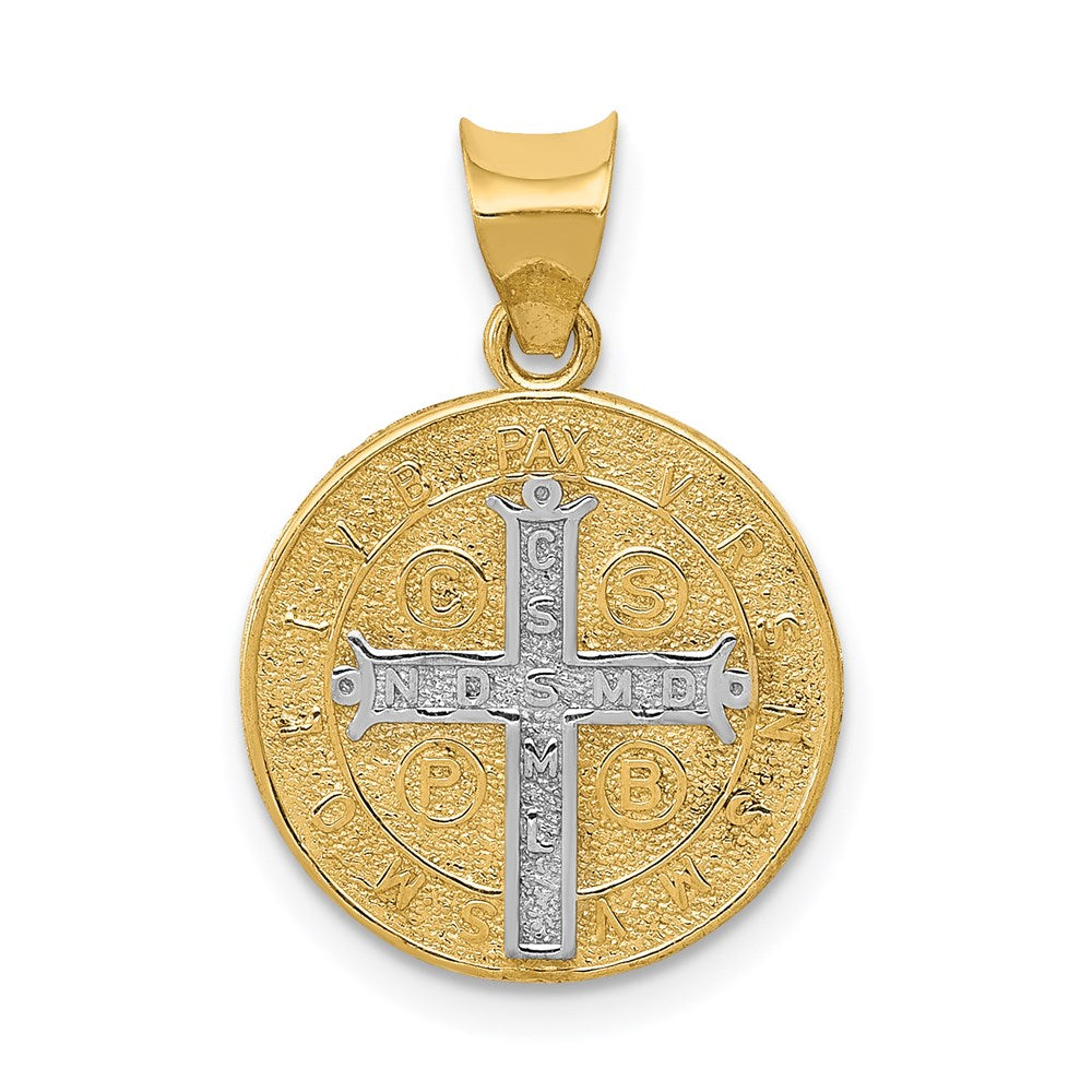14k and White Rhodium Solid St. Benedict Medal Round Pendant