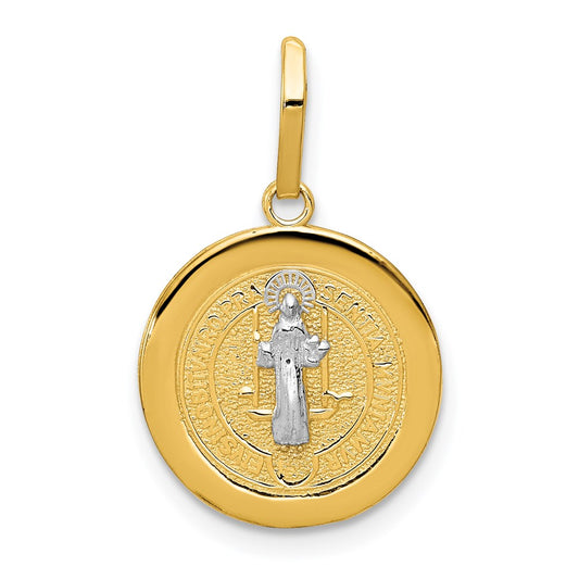 14k and White Rhodium Solid St. Benedict Medal Round Pendant