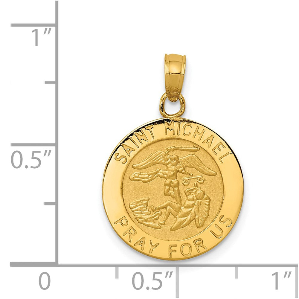 14k Polished and Satin Solid St. Michael Medal Round Pendant