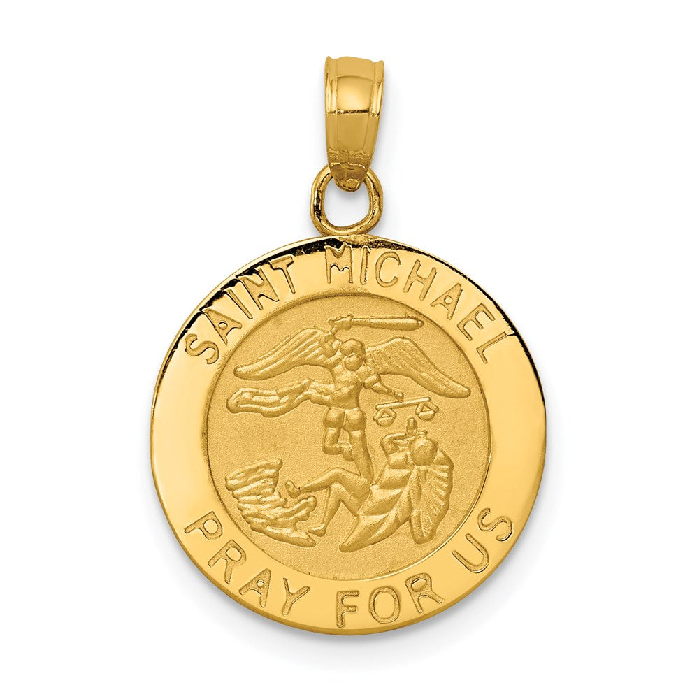14k Polished and Satin Solid St. Michael Medal Round Pendant