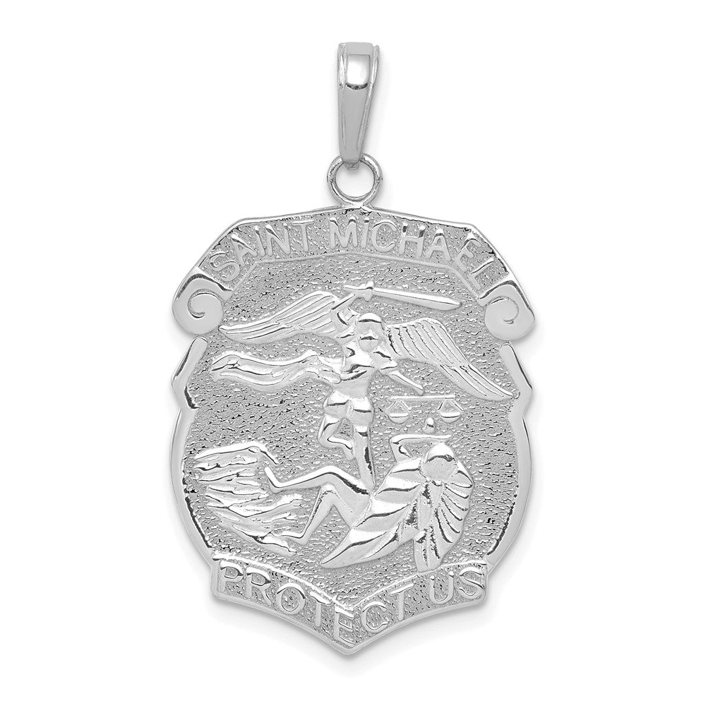 14K White Gold Polished Solid Large Saint Michael Protect Us Medal Badge Pendant