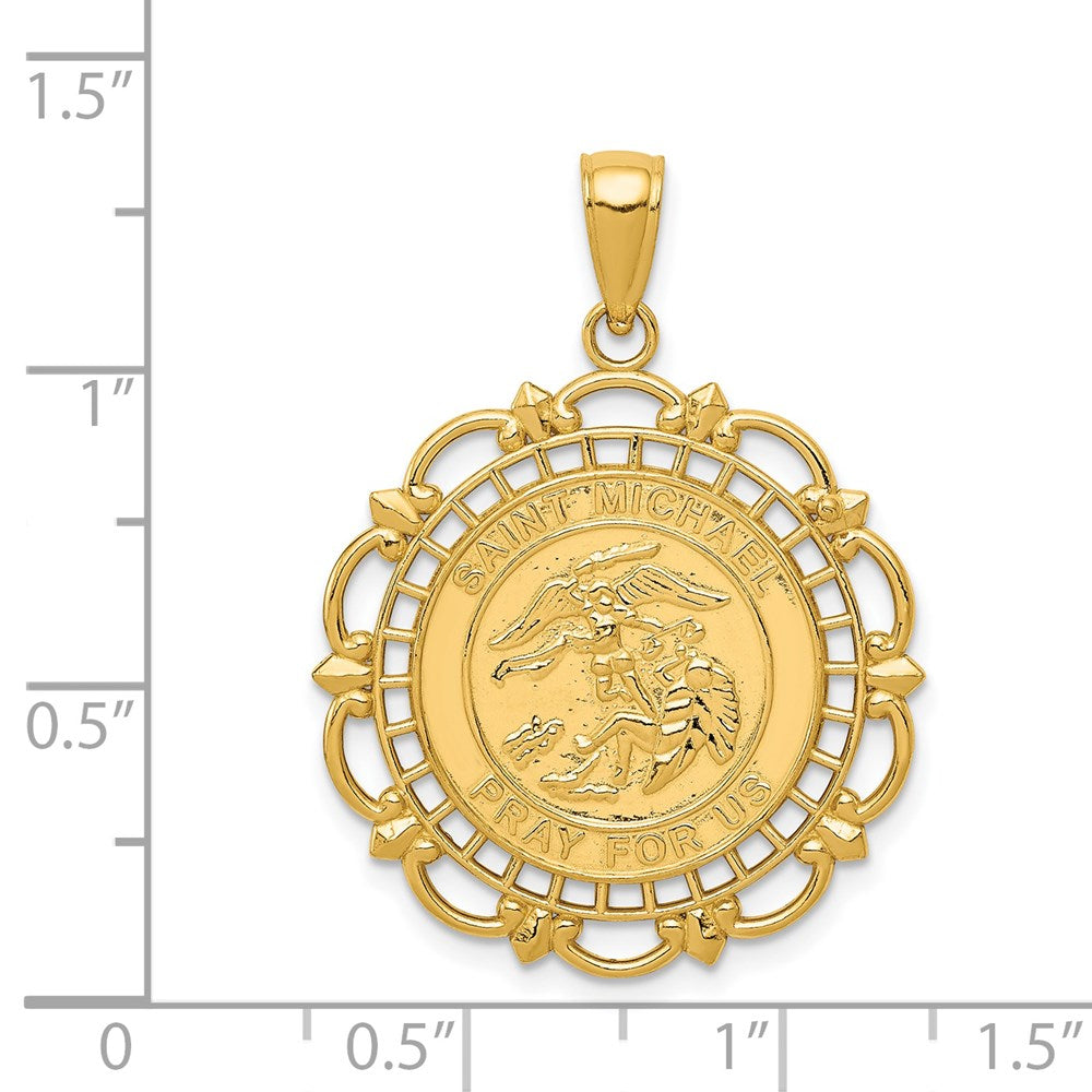 14k Polished Solid St. Michael Medal Scalloped Edge Round Pendant