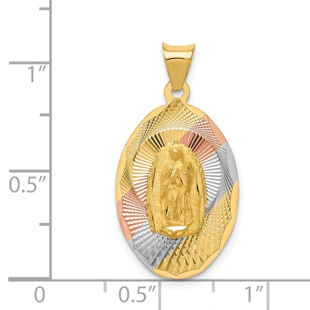 14K with Rose and White Rhodium Diamond-cut Solid Our Lady Of Guadalupe Oval Pendant