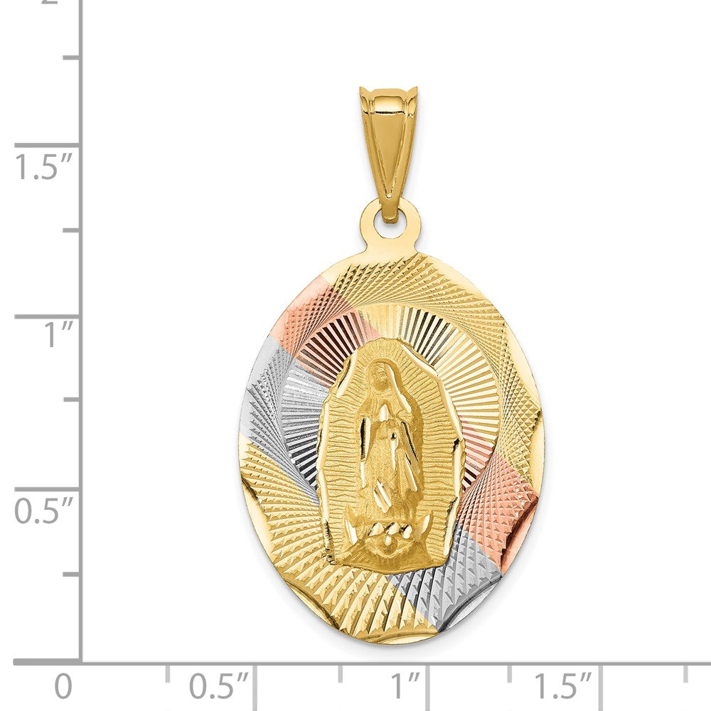 14K with Rose and White Rhodium Diamond-cut Solid Large Our Lady Of Guadalupe Oval Pendant